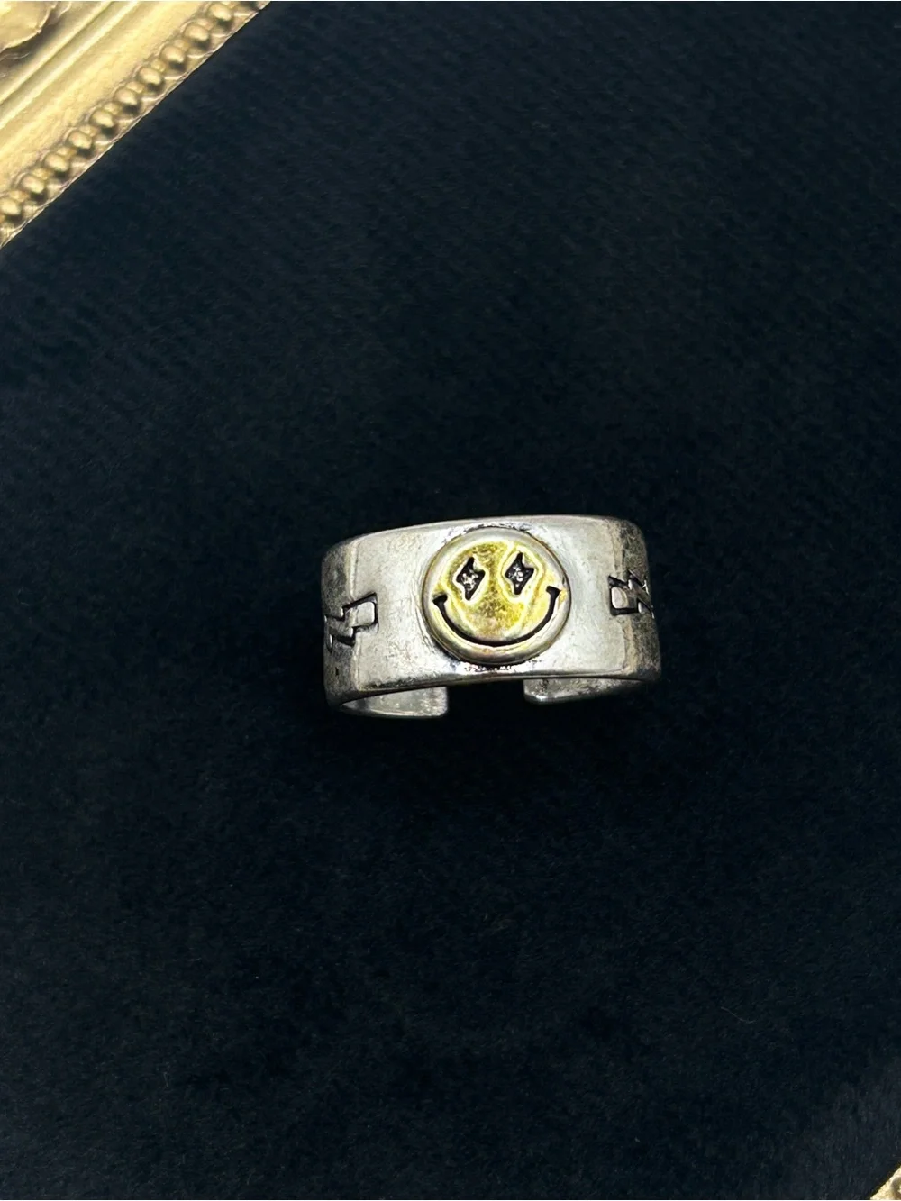 S925 Sterling Silver Smiley Face Adjustable Ring | Lightning Bolt Star Wide Band